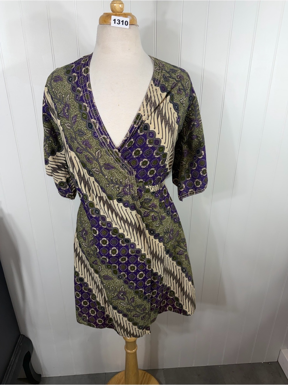 Pelita Batik Wrap Dress Purple Green Boho Midi Mini Tie Waist Floral Print S/M